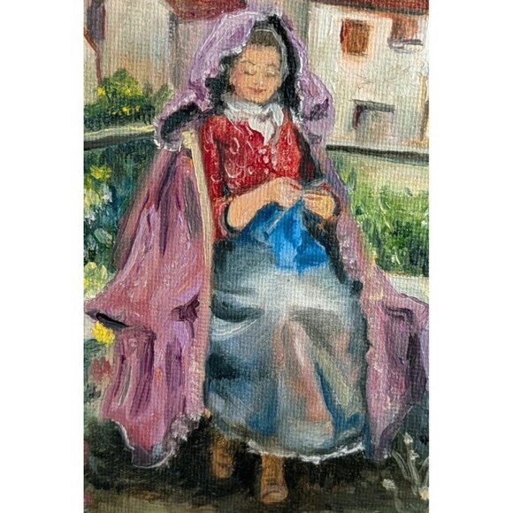 Oil Painting Woman In Countryside Signed Student Artist 8 X 10 Garden Village - Picture 2 of 16